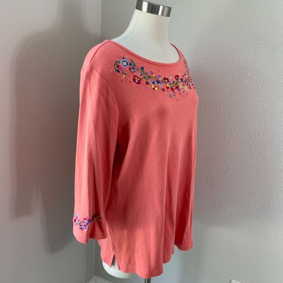 Quacker Factory Womens Plus 1X Embroidered Floral Top Coral 3/4 Sleeve Shirt - Picture 3 of 11
